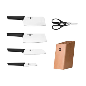 Набор из 4-х стальных ножей ножницы и деревянной подставки из сосны Xiaomi Mi HuoHou 6-Piece Kitchen Knife Set Lite HU0058 Black RUS